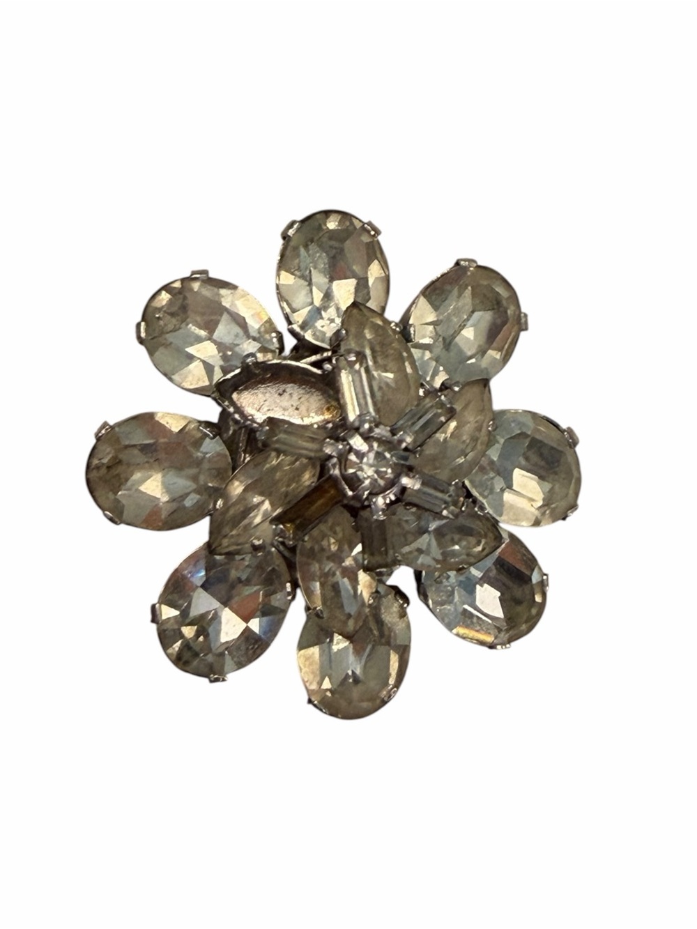Vintage Domed Layered‎ Clear Rhinestone Brooch Petite 1.25” Floral Missing Stone